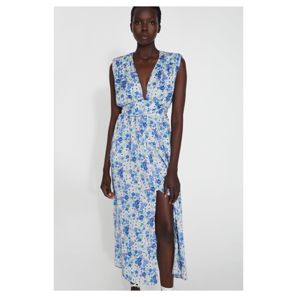 Zara NWT Floral Open Front Maxi Padded Shoulder Sleeveless Dress Medium - Picture 2 of 15